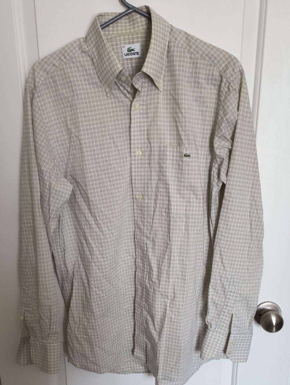 Lacoste Men's Light Sand and White Plaid Button-Down Shirt